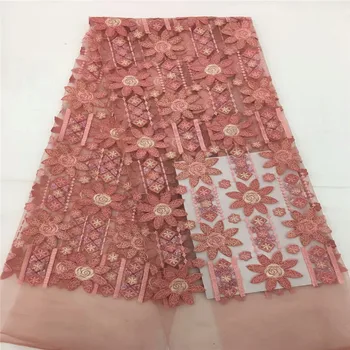 

2018 Peach African Lace Fabric 3 D Lace Fabric With Flowers Latest High Quality African Tulle Net Lace Fabric 5 Yards rof65-1013