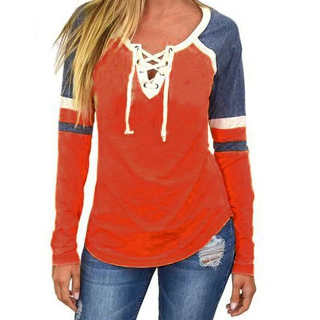 Download Women Lace Up Front Long Sleeve Tops Striped Crew Neck ...