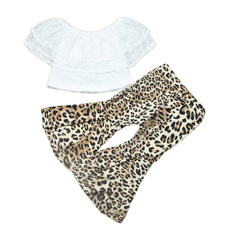 

Summer newborn baby Boy girl Clothes Off shoulder White Lace Tops Shirt+Leopard Flare Pant Bell-bottom Outfit infant Clothing