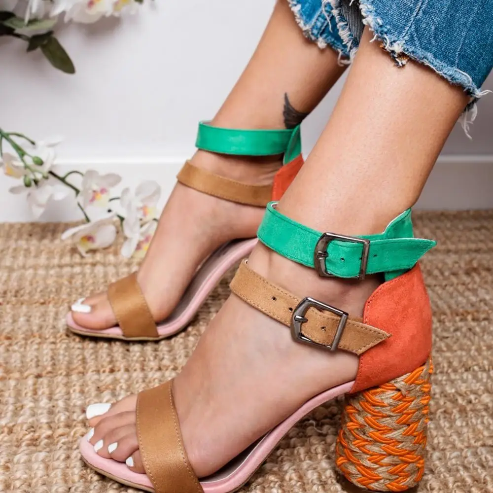 

SLHJC 2019 Women Summer Sandals Casual Fashion Open Toe Square Heel Pumps Party Heels Double Buckle Plus Size Female Shoes