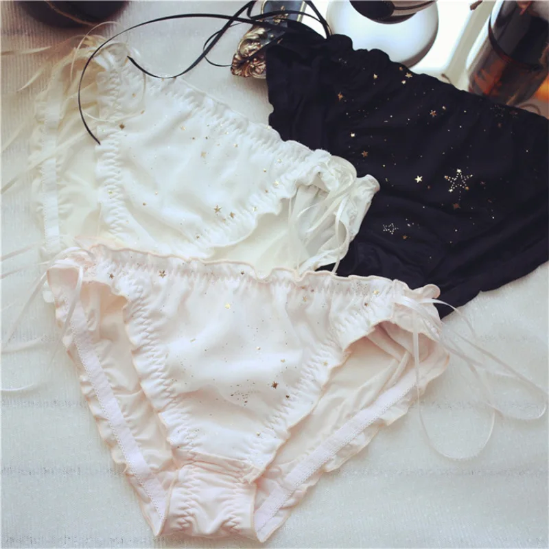 

Milk Silk Star Print Ribbon Women's Panties Middle Waist Seamless Ruffle Chiffon Cotton Female Underwear Cute Lingerie Breifs