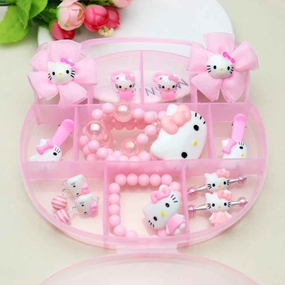 

FANRAR Kids Jewelry Pink Imitation Pearls Necklace Set Girl Cute Ring big Hello Kitty Baby Bracelet KT Earrings Party Gift