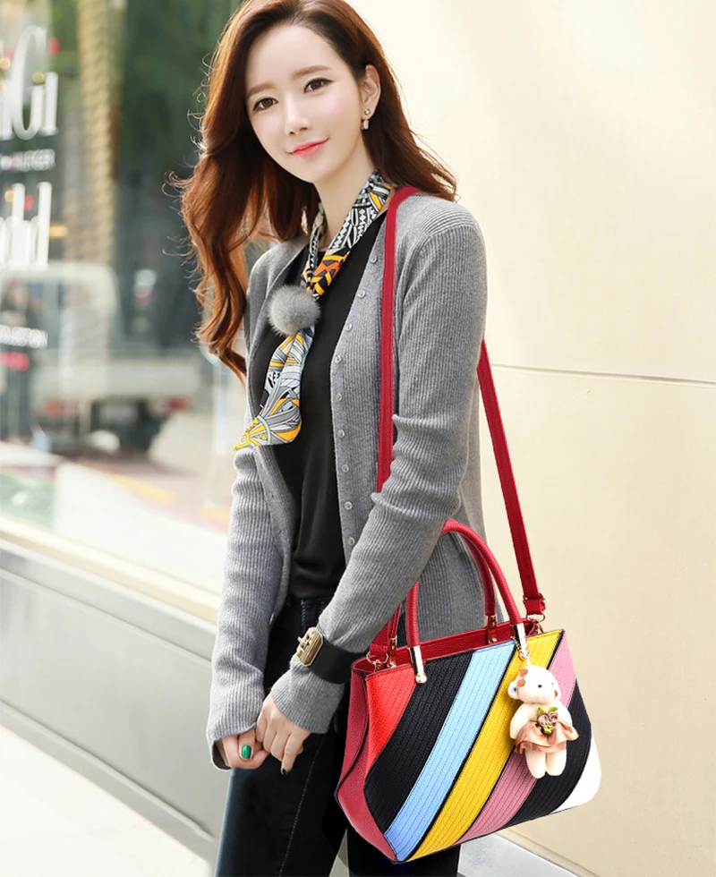 Women Stripe Handbag Female Leather Crossbody Bag Lady Fashion Bear Messenger Shoulder Bags Bolsa Purse Tote Sac A Main SS7214 (3)