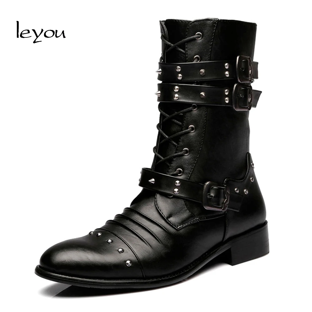 Leyou Men Formal Dress Boots Heels Mens Military Mid Calf Boots Western ...