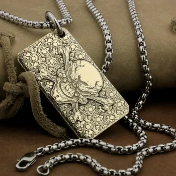 

LINSION High Detail Deep Laser Engraved Brass Pirate Skull Pendant Biker Punk Dogtag 9X033B Steel Necklace 24 inches