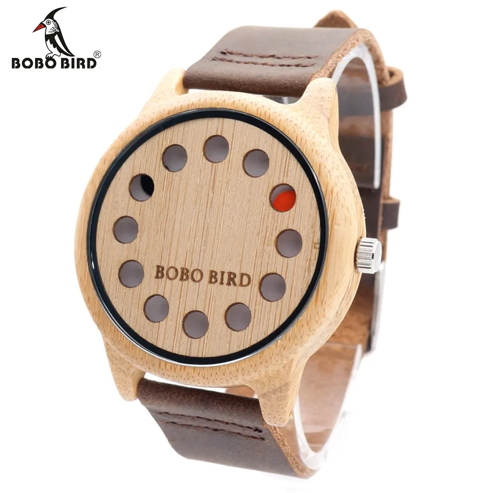 BOBO BIRD 12 Holes Design Bamboo Wooden Watch Mens Quartz Analog Watches with Genuine Leather Band as Gift montre homme