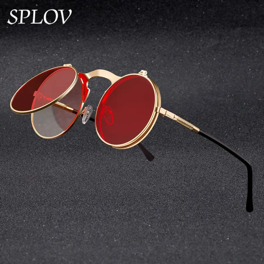 SPLOV Vintage Steampunk Flip Sunglasses Retro Round Metal Frame Sun for Men Women Brand Designer Circle Glasses Oculos_voghion.com