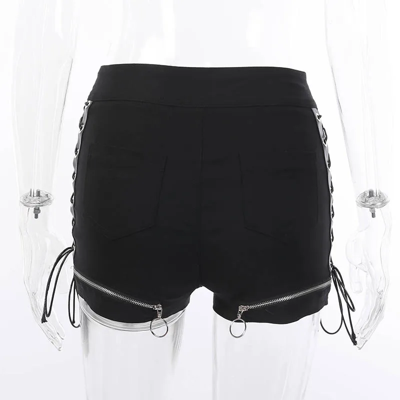 Summer Hot Shorts Women Black High Waist Bandage Casual Shorts Zipper Hollow Out Sexy Bodycon Female Gothic Black Mini Shorts