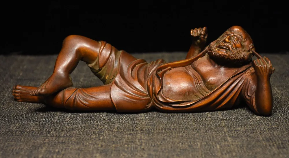 

wedding decoration China Buddhism Boxwood Wood Carving pick ears Rohan Arhat sthavira Buddha Statue