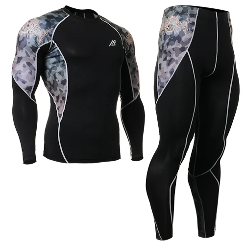 Мужские облегающие комплекты для бега, мужская Тонкая футболка с длинными рукавами+ длинные штаны, размер S-4XL - Цвет: Серый