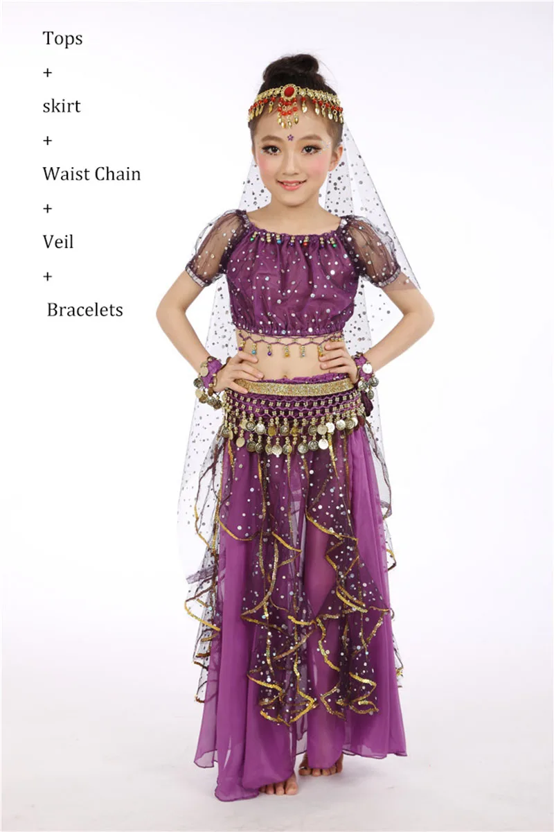 Классические костюмы для танца живота для девочек; цвет красный, желтый, синий, фиолетовый; Топы+ юбка; оригинальные красивые детские сценические костюмы; Q4012 - Цвет: Purple 5 pcs