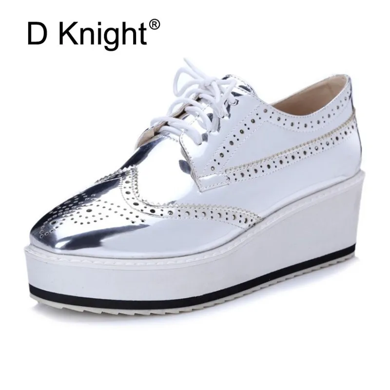 

Patent Leather Women Wedge Platform Oxfords Lace Up High Heel Brogue Shoes Stylish Increasing Creepers Black Silver Autumn Pumps