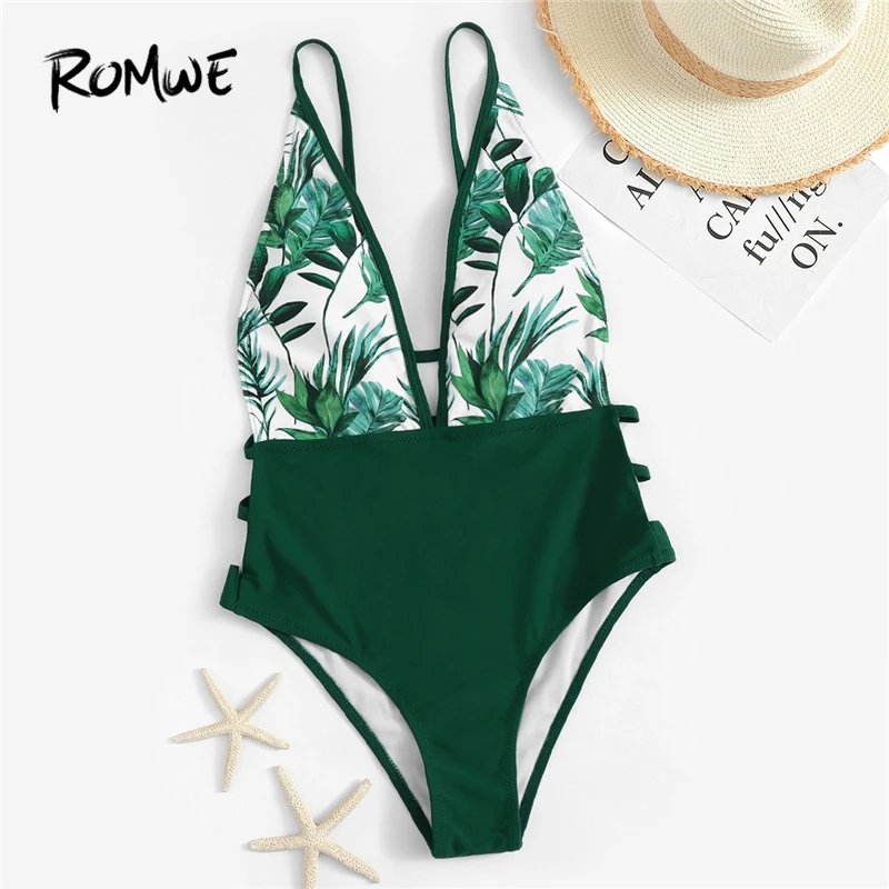 

Romwe Sport Tropical Plant Backless One Piece Swimwear Women Summer Cut Out Plunge Neck Beach Monokinis Swimsuit Bathing Suits