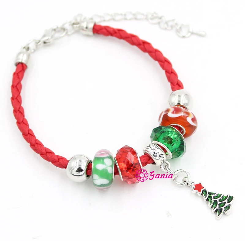 

New Arrival Holiday Christmas Bracelet Jewelry Red PU Leather Rope with Xmas Bead Tree Charm Bracelet for Christmas Gift Jewelry