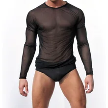 Men Sexy Transparent Sheer See Through Mesh Long Sleeve T shirt Tops size M-XL Undershirt Fitness Slim Casual Solid Black/White
