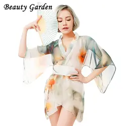 Красота сад печати кимоно халаты сексуальные мини длина халат Половина рукава летняя одежда для сна элегантный для женщин