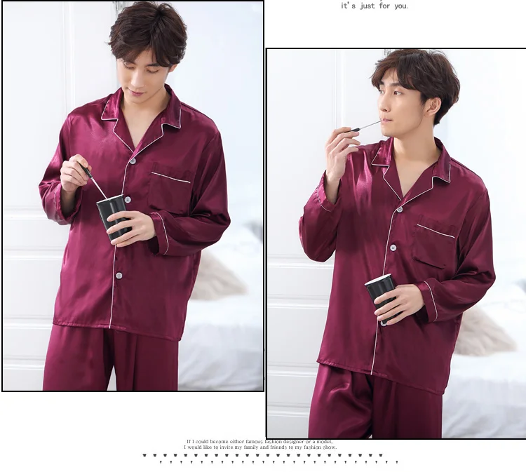 Middle Aged Men's Spring Autumn Pajamas Suits Two Piece Fake Silk Pajama Thin Night Wearing Clothes For Men 2018 New JW330 (10)