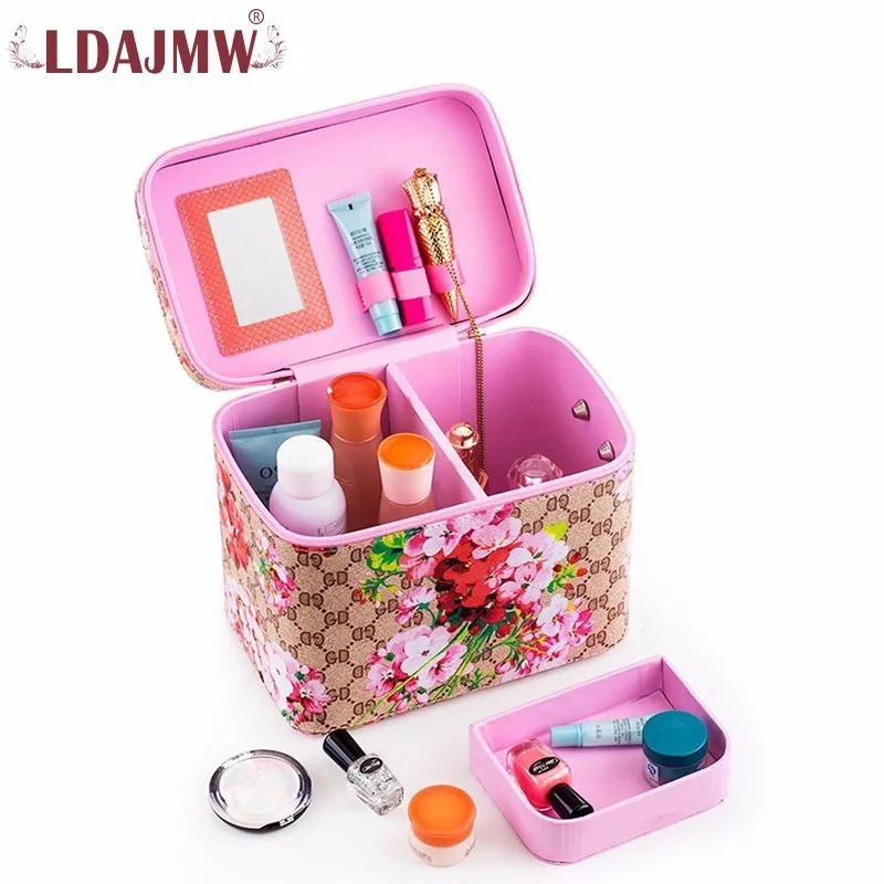 

Printed Square Handbag Large Capacity Beauty Tools Cosmetic Case Box Portable Travel Cosmetics Bag Makeup Brush Organizer