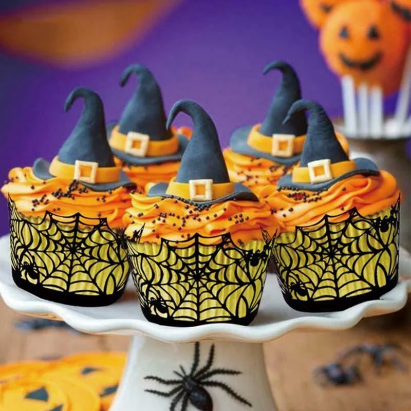 

Halloween Cake Decoration 12pcs Black Cupcake Wrappers Spider Castle Hollow Laser Cut Cake Decoration Halloween Party Supplies