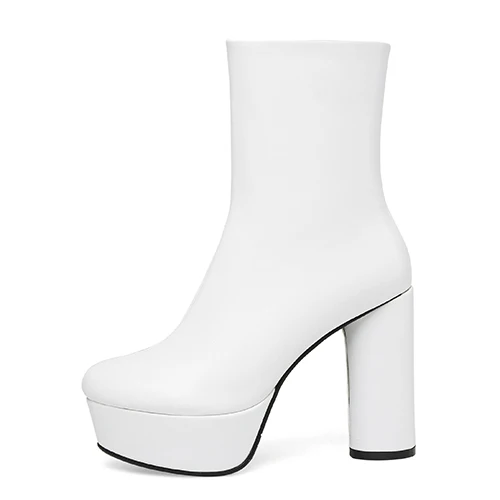 Gdgydh/весенние женские ботильоны; модная женская обувь из натуральной кожи на молнии и толстом квадратном каблуке с круглым носком на платформе в стиле панк; большие размеры - Цвет: white shoes