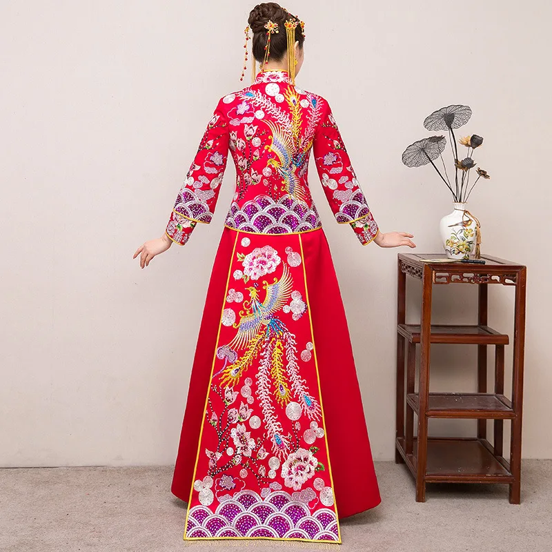Невесты красного цвета винтажное китайское платье ченсам стильные туфли на свадьбу, вечернее платье одежда с вышивкой в виде феникса