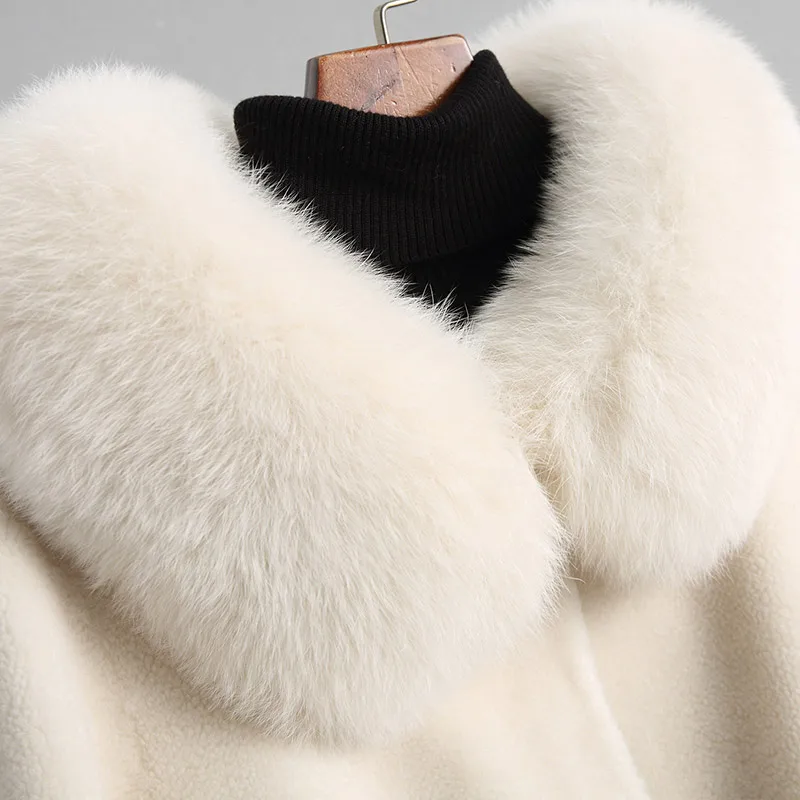 Manteaux Yq1928 Ayunsue Chaud Col Fourrure Femmes Réel De D'hiver À Manteau Renard Capuchon 18112 Veste Femelle 2018 Mouton Beige Laine Naturel PHrqvPw