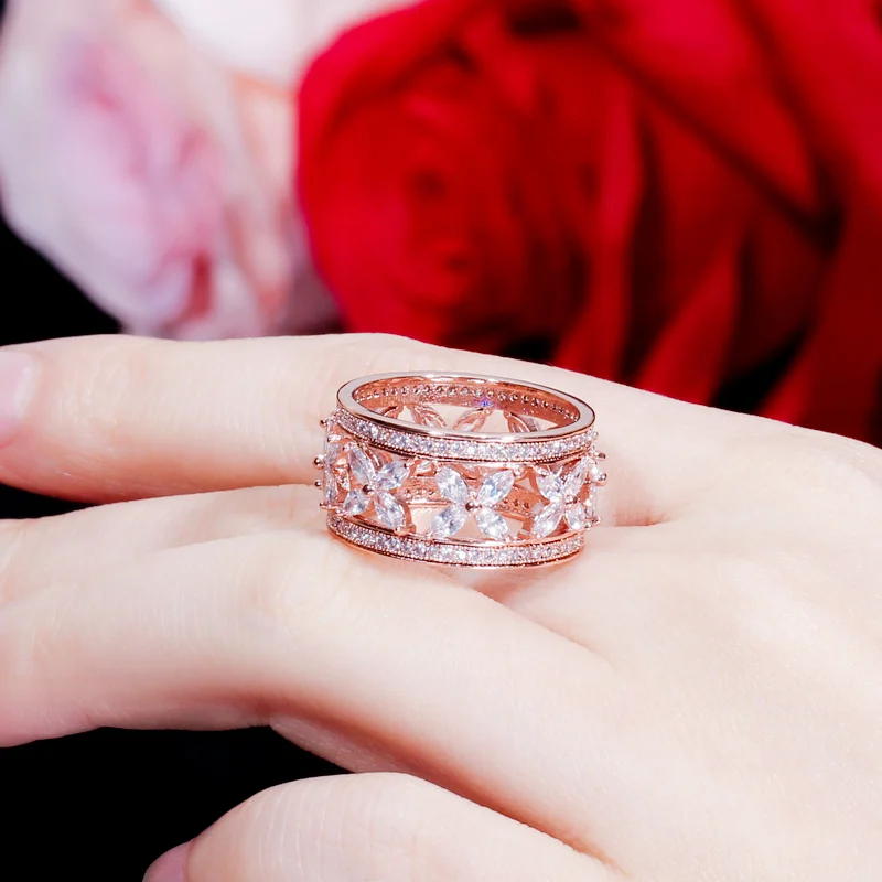 CWWZircons, винтажное розовое золото, в форме листа любви, CZ Кристалл, Большие широкие кольца на палец для женщин, помолвка, Свадебная вечеринка, ювелирные изделия R137