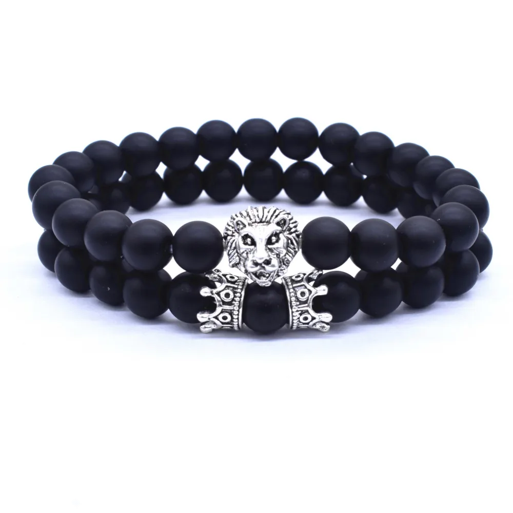 2 Pcs / Set Vintage Lion Head and Crown Charm Bracelet 8mm Natural Lava Stone Beads Bracelet Men 2019 Fashion Jewelry
