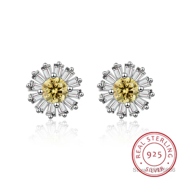 

2018 Sweet Cute Simple Zircon Daisy Flower Sunflower 925 Silver Stud Earrings for Women Girls Charm Statement Jewelry Gift