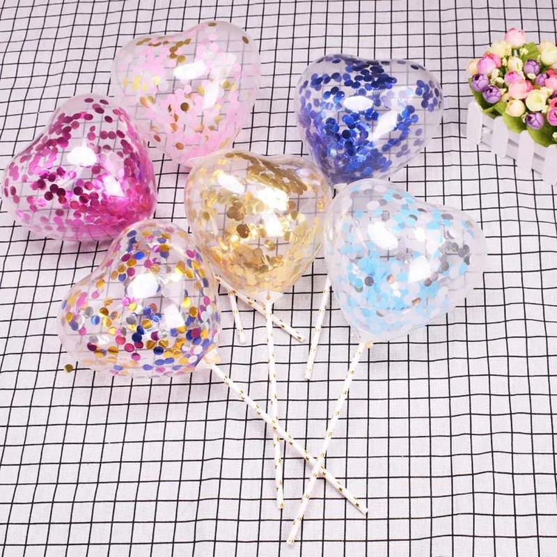 

5 Sets Clear Heart Shape Confetti Latex Balloons with Sticks Rods for Birthday Cake Wedding Birthday Party Decoration Supplies