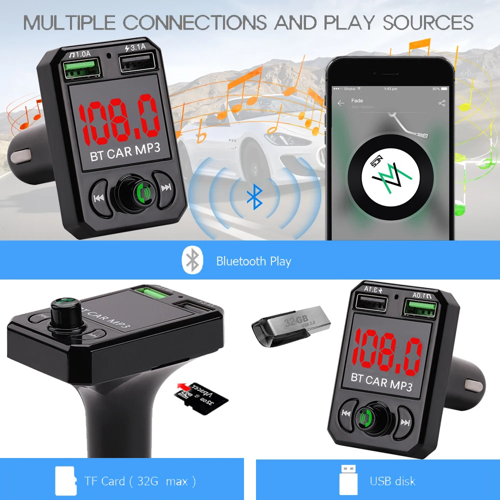 JINSERTA Bluetooth fm-передатчик большой экран дисплей двойной USB 3.1A Быстрая зарядка TF/U диск Автомобильный Mp3 плеер громкой связи комплект в автомобиле