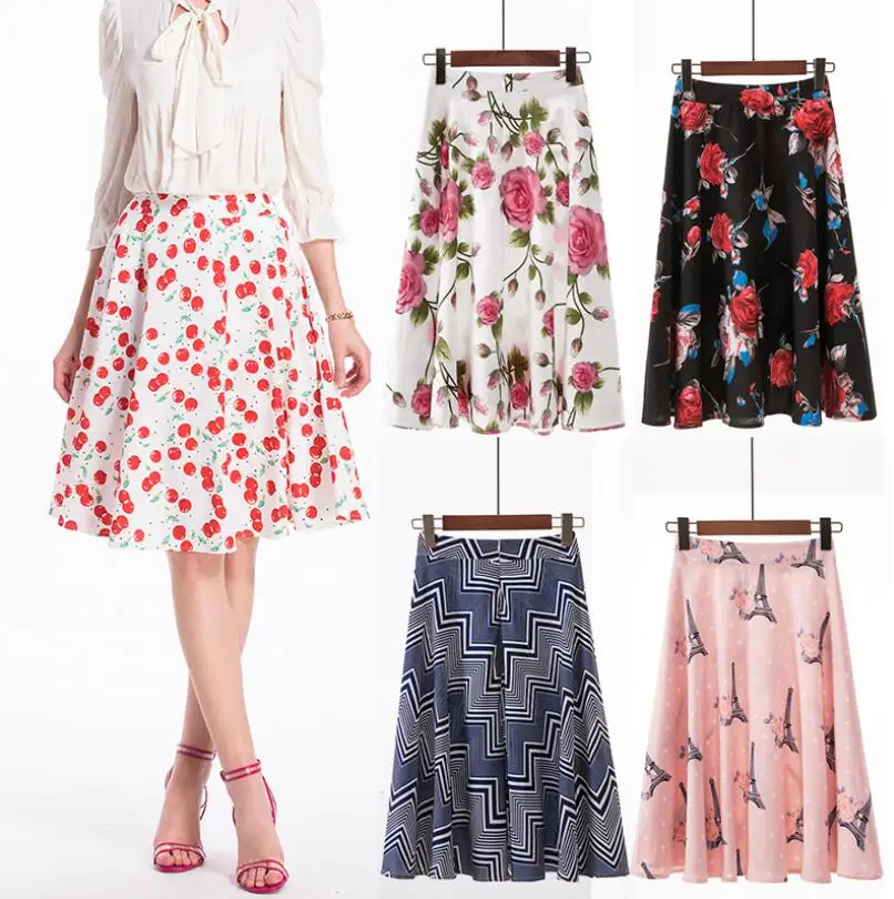 

2019 Summer New Vintage Floral Print Long Skirts Women Back Elastic High Waist Midi Skirt Casual Long Skirt Ladies Pleated skirt