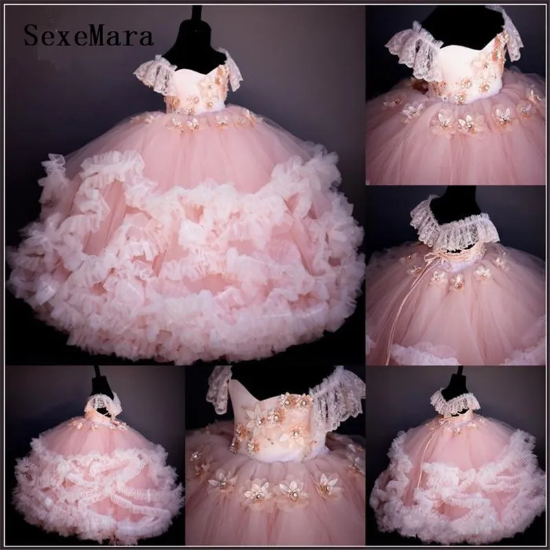 

New Arrival Pink Flower Girl Dresses Beaded Hand Made Flowers Girls Communion Dress Lace Up Back Ball Gowns For Kids Birthday