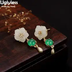 Uglyless 100% натуральный нефритовый цветок серьги для женщин романтические цветочные ювелирные изделия Твердые 925 серебряные серьги Brincos