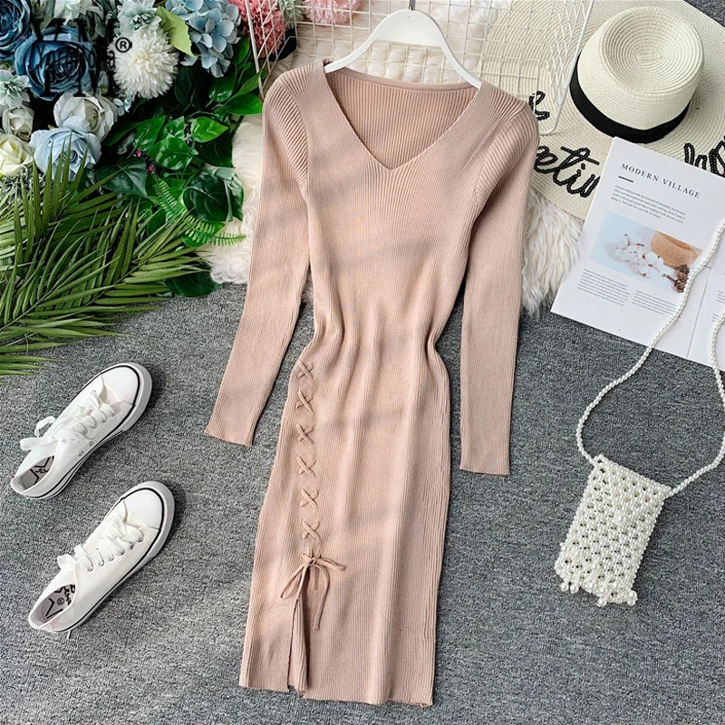 

YornMona Bow Drawstring Split Bodycon Dress 2019 Fashion Autumn V-neck Knitted Knee-length Dress Basic Elastic Long Sleeve Dress