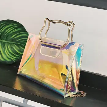 

1 Pcs Creative Women Transparent Bag Clear PVC Jelly Small Tote Bags Laser Holographic Hasp Shopping Bags Gifts 17*14*7 cm