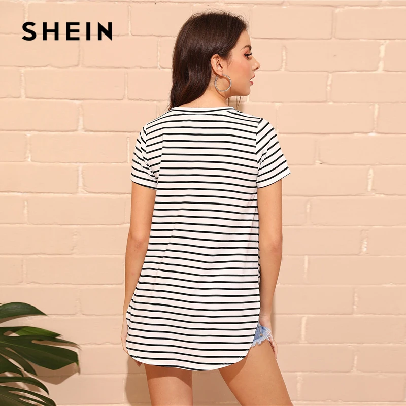 SHEIN قبالة الكتف مخطط جاهزة المحاصيل أعلى الأبيض كاب كم الصيف T قميص رائع نمط المرأة الصيف سليم صالح 2019 المحملات