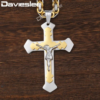 

Davieslee Jesus Cross Pendant Necklaces For Men Stainless Steel Byzantine Chain Necklace Men's Jewelry DLKP487 KP488