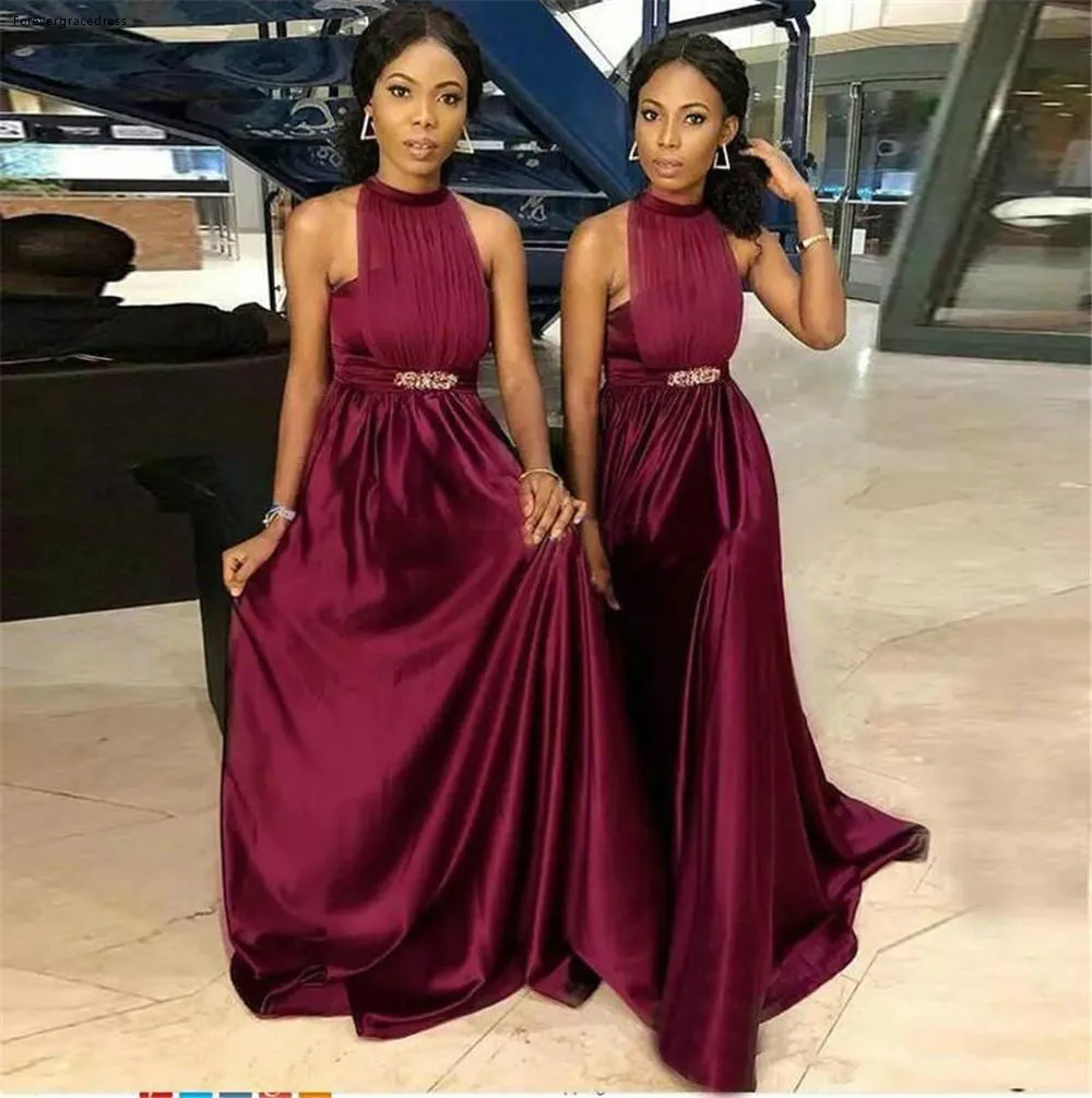 Burgundy Grape African Nigeria Bridesmaid Dresses Halter Neck A Line Pleats Belt Maid of Honor Gowns Plus Size Cheap  95