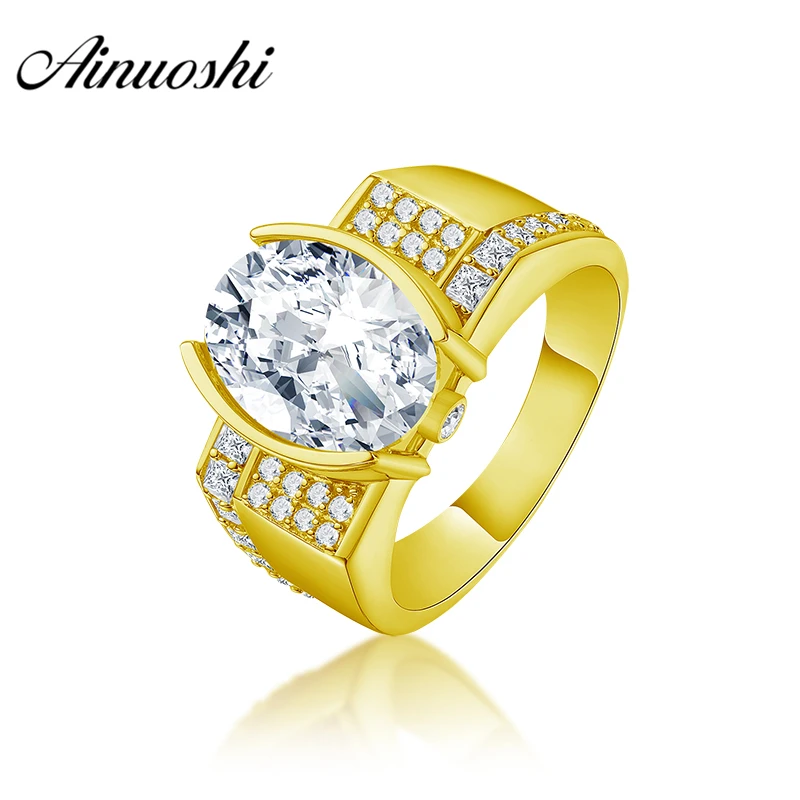 

AINUOSHI Luxury 10K Solid Yellow Gold Men Band 6CT Oval Cut Geometric Ring Engagement Wedding Male Jewelry 6g Wedding Men Band