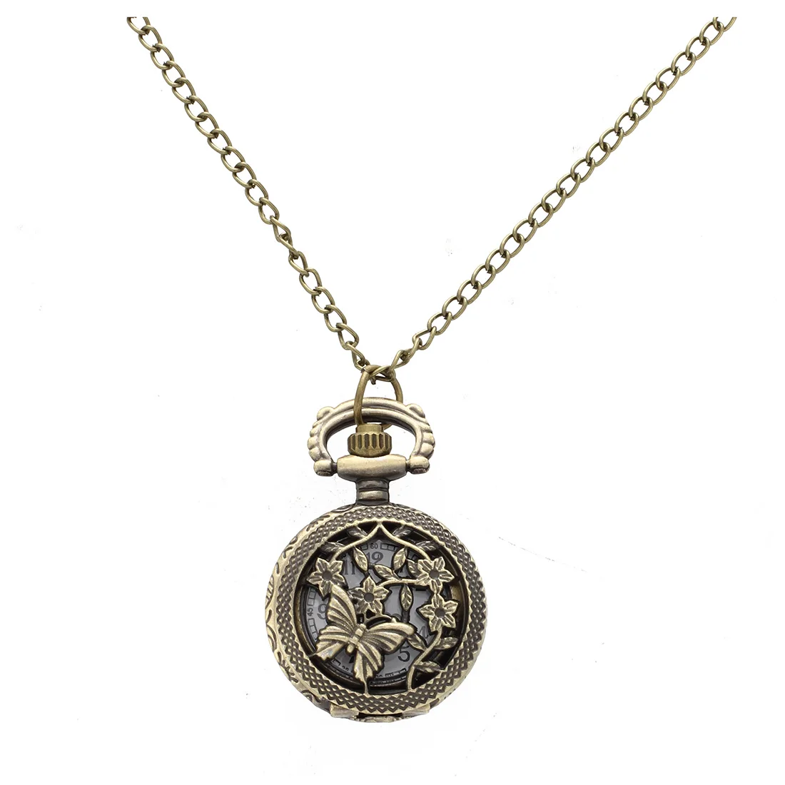 

Quartz Pendant Pocket Watch Chain Vintage Bronze Arabic Numeral Hollow Butterfly