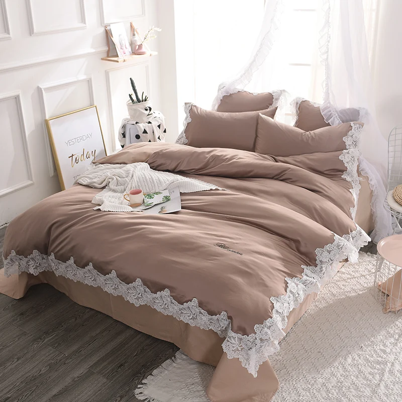Lace Edge Satin IMITATED SILK Bedding Set 4pcs Queen King Size Duvet Cover Bed Sheets Pillowcase Spring Summer Home Textiles | Дом и сад