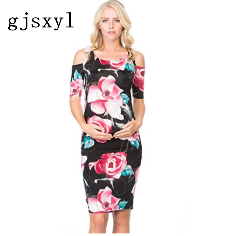 Gjsxyl Maternity dress Photo shoot Europe and the United States round neck strapless flower print loose pregnant women dress 