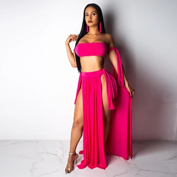 

Women 3 Pieces Bikini Set 2019 Sexy Strappy Swimsuit Swimwear + Cover Ups Brazilian Beachwear Solid Off Shoulder Bandeau Biquini