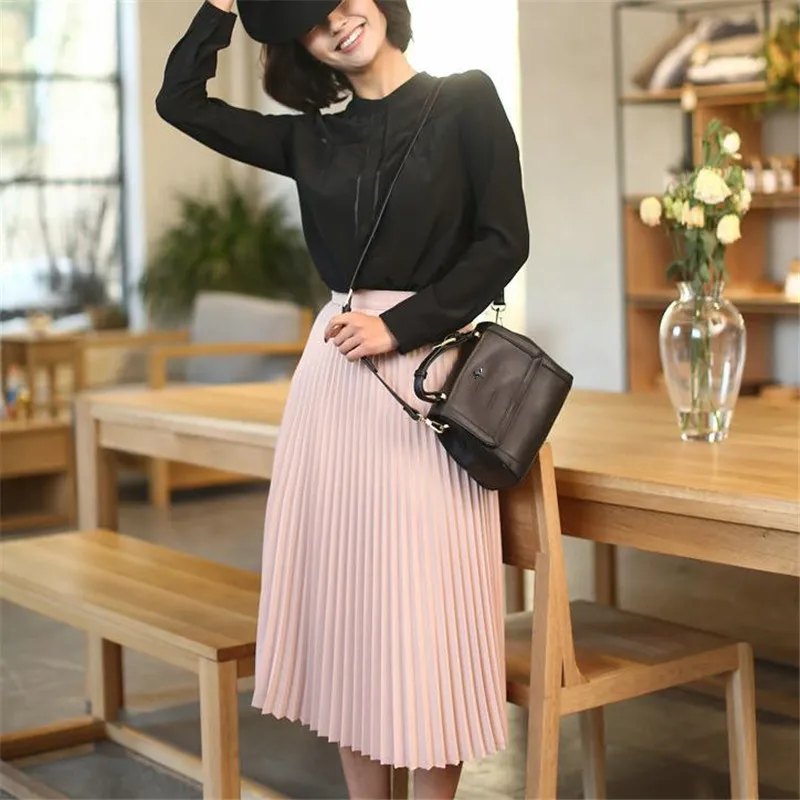 Autumn-Winter-Ladies-Solid-Pleated-Skirts-Women-High-Waist-Chiffon-Long-Skirts-Korean-Ulzzang-Female-Empire
