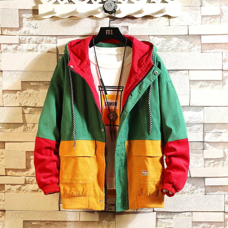 Mens Color Bolck Jacket Corduroy 2019 Men Harajuku Bomber Jackets Coats