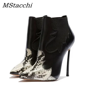 

MStacchi Occident Ankle Women Boots Snake Pointed Toe Footwear Booties Warm Short Plush 2018 Thin High Heels 12 cm Ladies Shoes