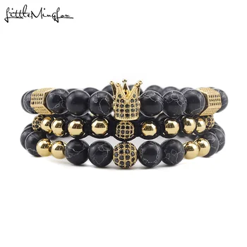 

3pcs/Set Luxury natural stone beads Crown Bracelets CZ Ball crown Charm Braided Braiding men bracelets & bangles for Men Jewelry