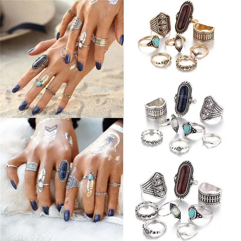 New Arrival Fashion Vintage Women's Boho Crystal Flower Knuckle Ring Tibetan Turkish Rings for women midi rings Ring Set J13#N (11)