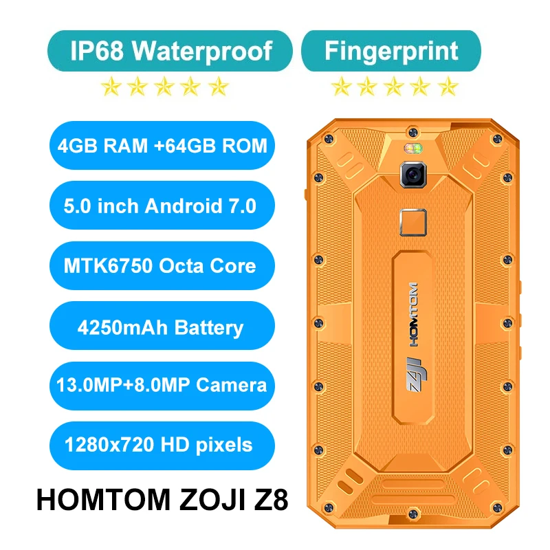 HOMTOM ZOJI Z8 IP68 водонепроницаемый смартфон 4G ram 64GB rom 5 0 дюймов MTK6750 Восьмиядерный Android 7